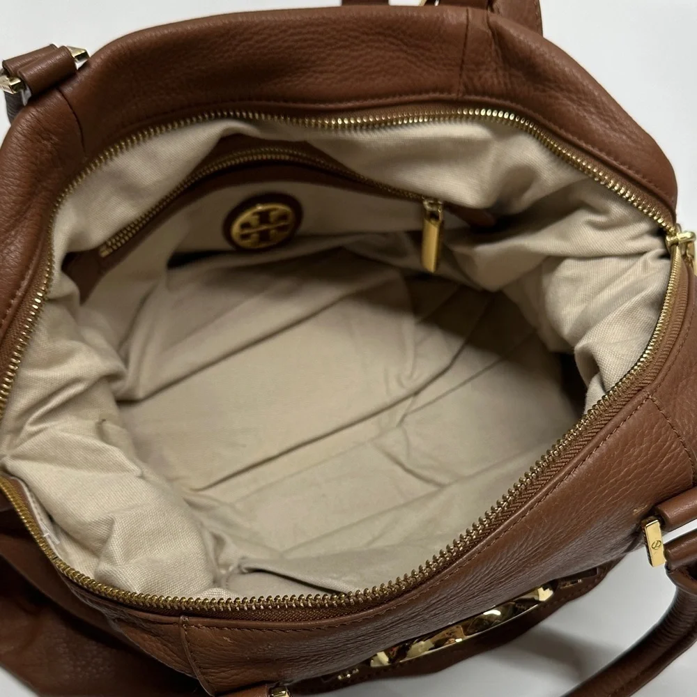 Tory Burch Amanda Satchel Purse Leather Handbag Crossbody Bag Tan Brown Gold